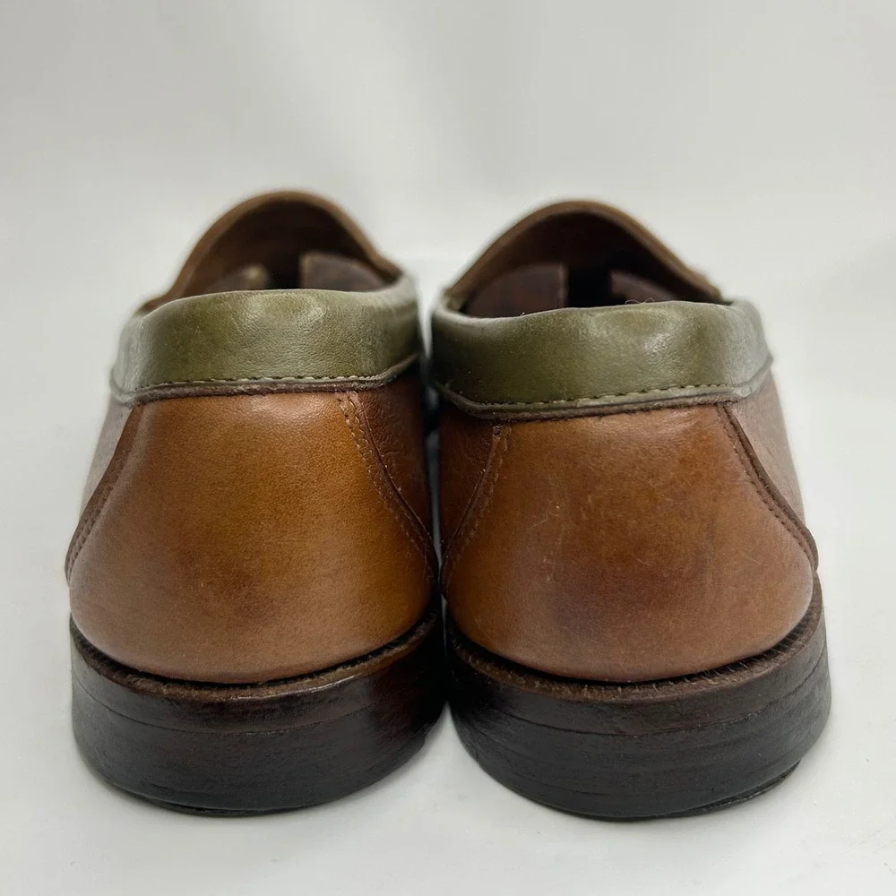 VTG Cole Haan Mens Made in USA Brown Leather Tassel Kiltie Loafers Green Trim 10